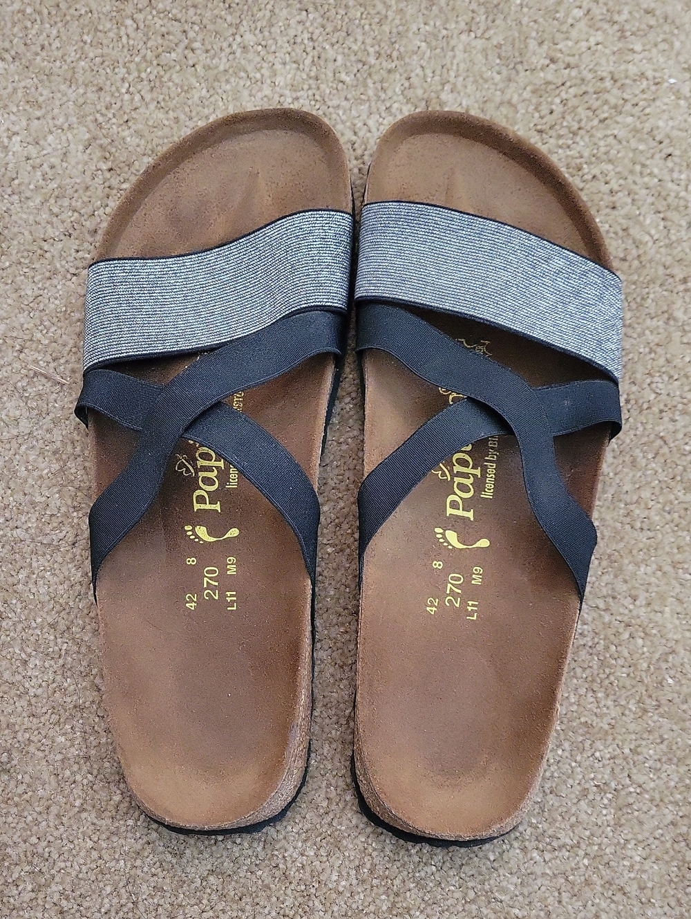 Birkenstock Papillio Women's Black and Silver Cross-Strap Slide Sandals EU 42.
